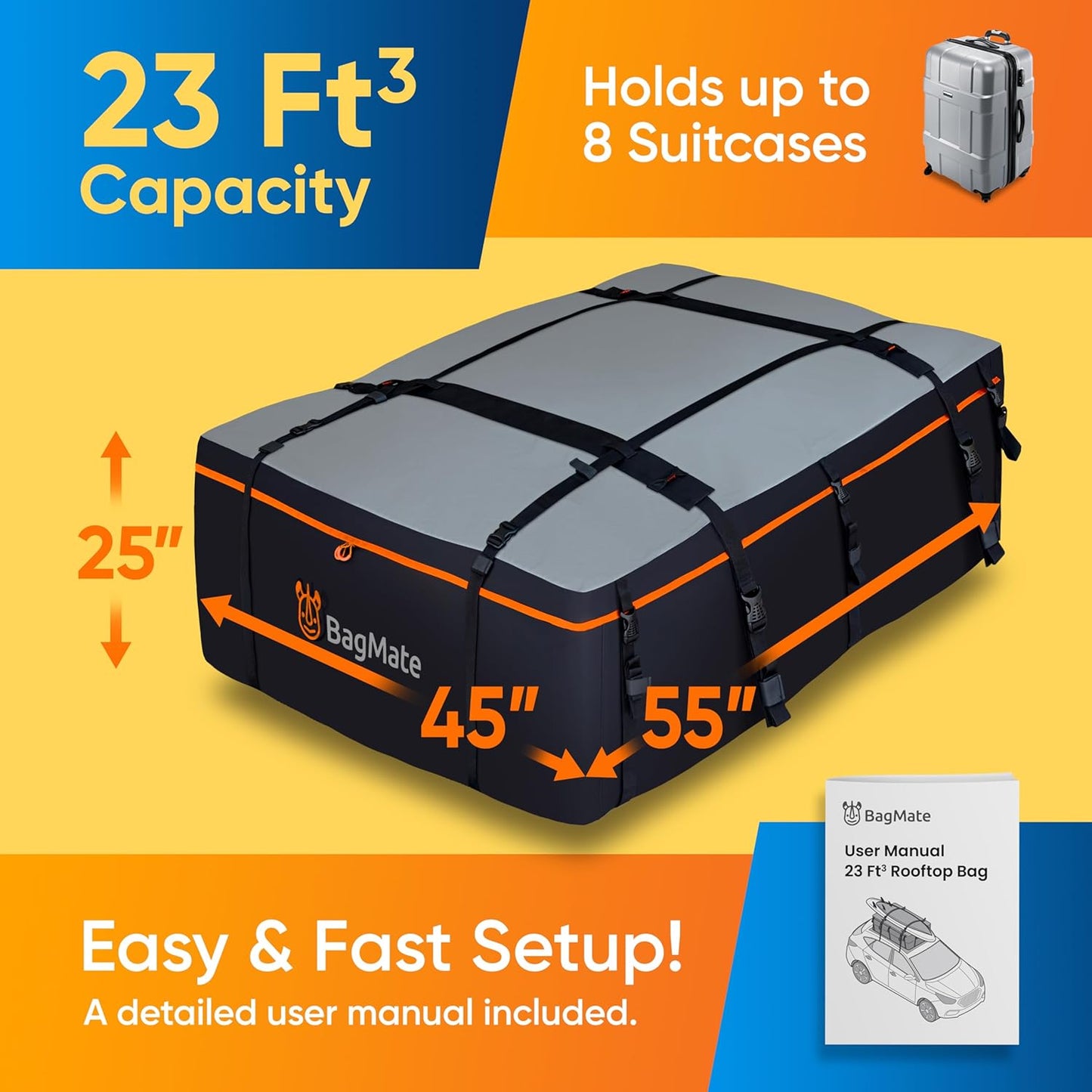 Heavy-Duty Waterproof Roof Bag – 23 Cubic Feet Rooftop Cargo Carrier, Soft Luggage Carrier with Protective Mat (Roofbag for SUVs and Cars) – Compatible with Racks or Without