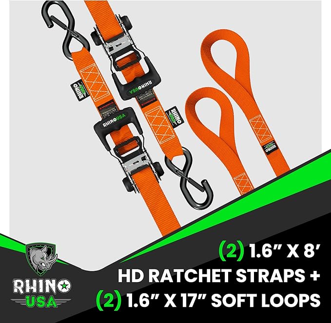 Rhino USA Ratchet Straps Heavy Duty Kit (4-Pack) - 1.6 Inch x 8 Feet Min Break Strength (5,000) - Ultimate Tie Down Straps with Safety S Hooks for Trucks, ATV, UTV, Motorcycle, Cargo & More - Green