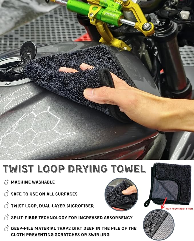 8 Pack Motorcycle Cleaning Kit - Professional Safe for Chrome/Engine/Tires, Hard Reach Brush, Microfiber Mitt, Detailing Tools, Drying Towel & Wax Applicators