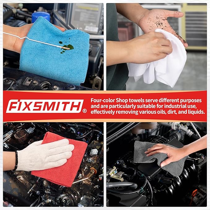 FIXSMITH Shop Towels, Microfiber Cleaning Cloth Bulk, 24 Pack Microfiber Towels for Cars, All-Purpose Absorbent Cleaning Rags, Dust Cloth for Automotive, Mechanic, Garage, Bar, 11.5 x 11.5 inch