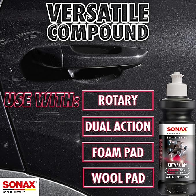 SONAX CutMax Compound 246141 | High-Abrasive Paint Correction Polish for P1500 Grit Sanding Marks | Silicone-Free, Dust-Free, and Odorless | Long Buffing Cycle for Severe Weathered Paint | 250ml