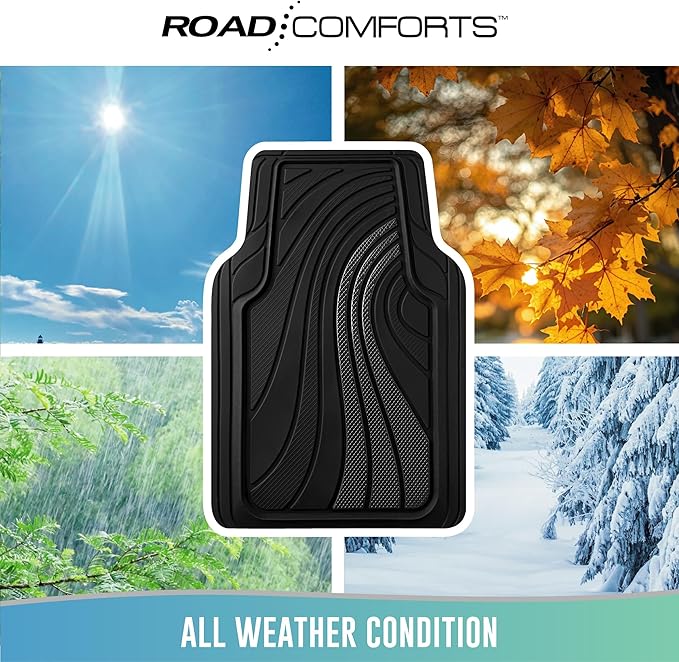Road Comforts Car Floor Mats Full Set – Front & Rear Car Floor Mats with Aluminum Design, Anti-Slip Backing, All-Weather Protection, Trim-to-Fit Car Mats for Most Sedans, SUVs & Vans - Black