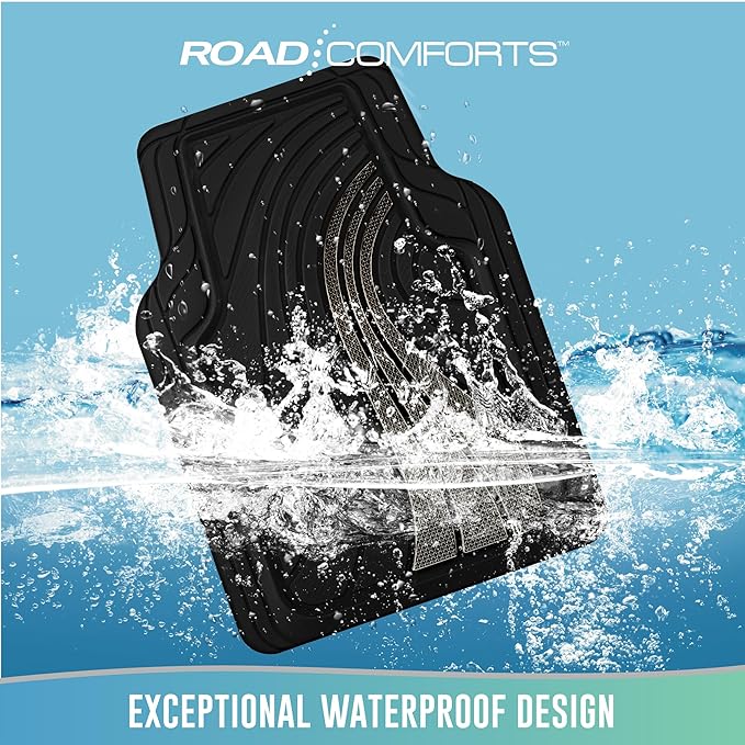 Road Comforts Car Floor Mats Full Set – Front & Rear Car Floor Mats with Aluminum Design, Anti-Slip Backing, All-Weather Protection, Trim-to-Fit Car Mats for Most Sedans, SUVs & Vans - Grey