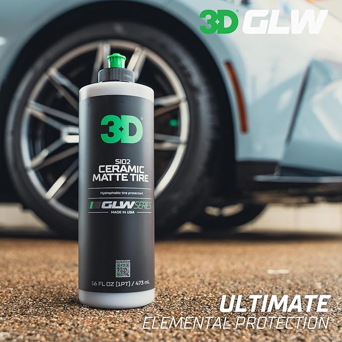 3D GLW Series SiO2 Ceramic Matte Tire Shine | Deep Matte Finish Tire Protectant | Hydrophobic & UV Resistant | Anti-Fade, No Sling | Pro Car Detailing |16 oz