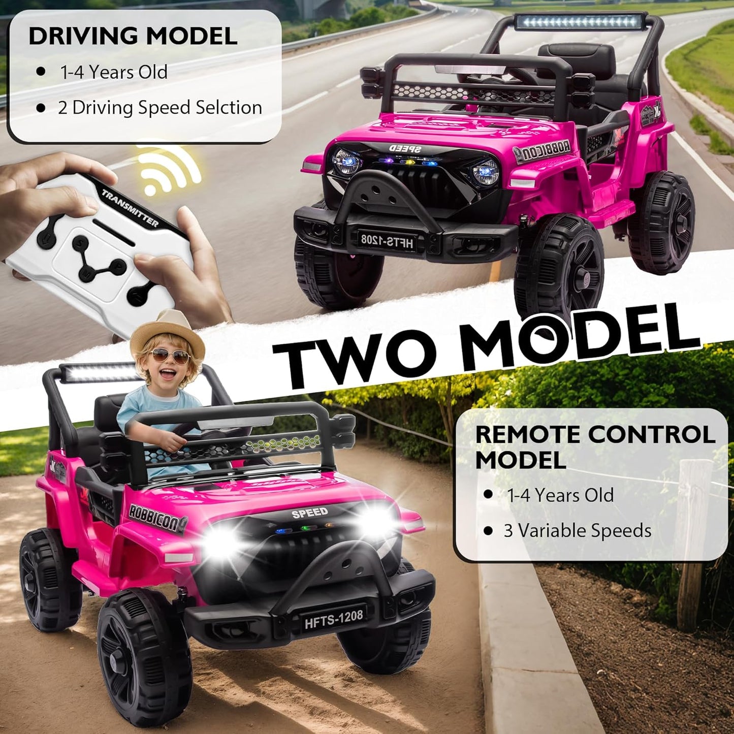 12V Ride on Electric Truck Car for Kids, 12V Kids Electric Vehicles w/Remote Control, Four-Wheel Suspension, USB, Bluetooth, Power Display, Lights, Battery Powered Ride on Toys for Boys Girls (Pink)