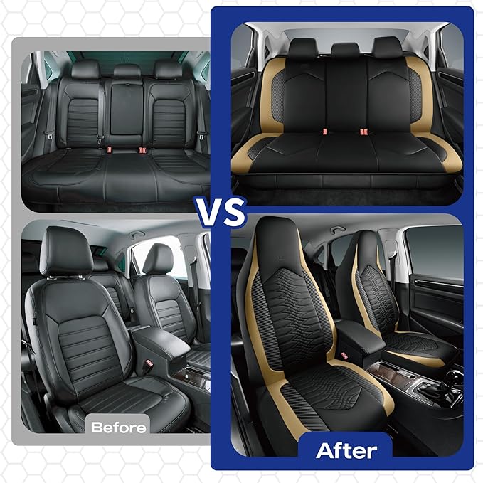 Skechers Memory Foam Car Seat Covers, Leather High Back Seat Covers Quilting Design,Waterproof Sports Car Seat Covers Full Sets,Airbag Compatible, Universal Fit for Most Cars, SUVs,Trucks,Beige