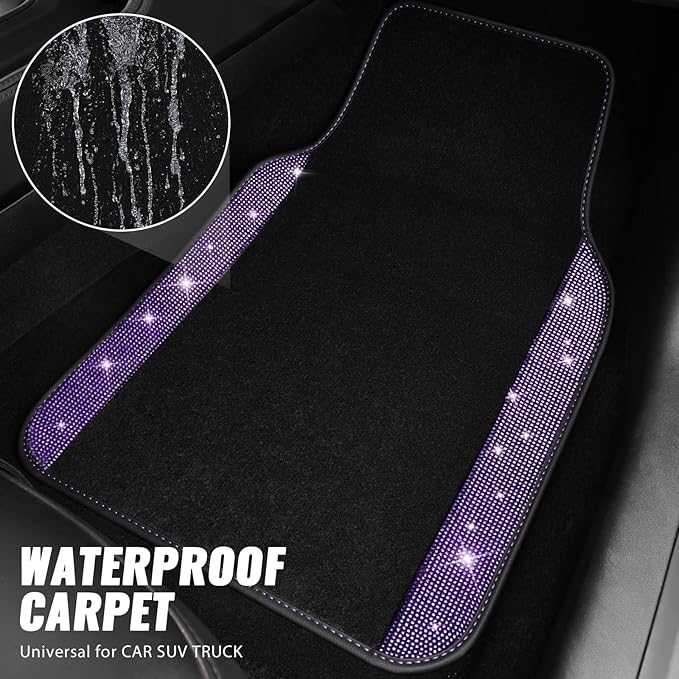 CAR PASS Bling Diamond Leather Steering Wheel Cover 14.5in-15in Floor Mats Shining Rhinestone Carpet Sparkly Glitter Crystal Anti-Slip Pad Fit Automotive SUV Pickup Truck Girl Women, 5pcs Black Purple