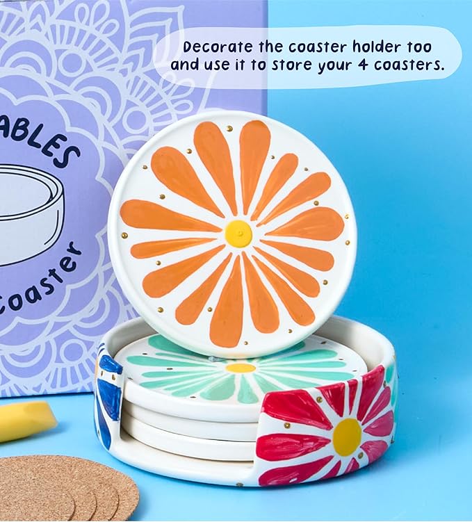 Pott’d Paintables Paint-a-Coaster Kit, DIY Pottery Painting Kit for Adults with Coasters, Holder, Dotting Paints, Brushes and Guide, Craft Kit for Beginners, Ideal for Home Decor or Handmade Gifts