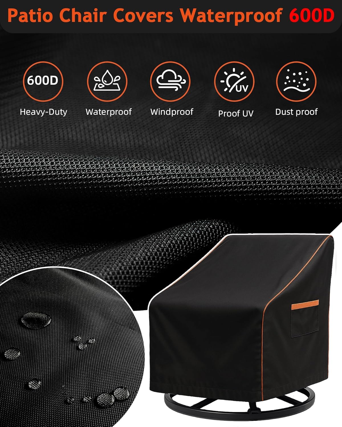 Outdoor Waterproof Patio Chair Covers, Heavy Duty Oxford Coating Weather Resistant Patio Furniture Covers 600D 27.5W x 35.5D x 36H inches 2-Pack, Black