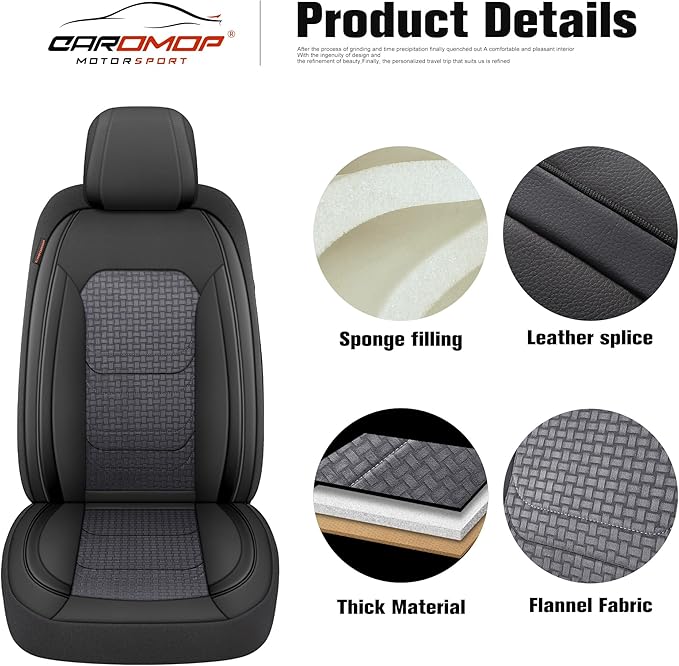 CAROMOP Premium PU Leather&Flannel Car Seat Covers Full Seats,Split Bench Compatible Car Interior Covers, Universal Fit Most Car Sedan Truck SUV(5-Seat Black/Grey)