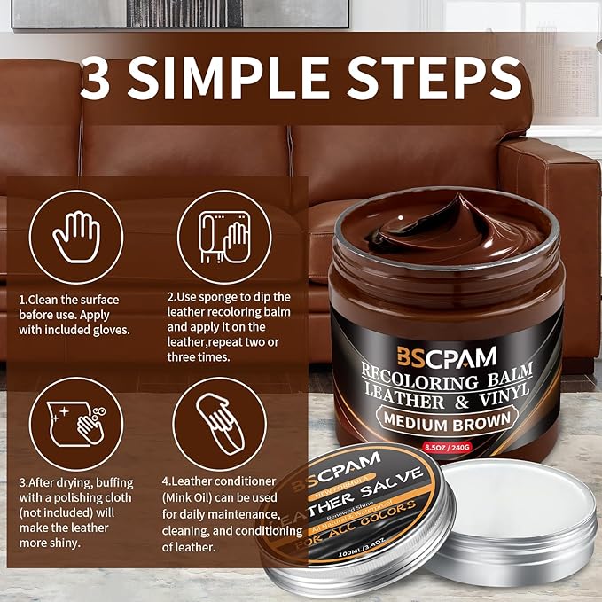 Medium Brown Leather Recoloring Balm with 100ml Mink Oil,Leather Couch Scratch Remover,Leather Repair kit for Vinyl Furniture and Car Interior,Leather Dye Paint,Mink Oil for Leather