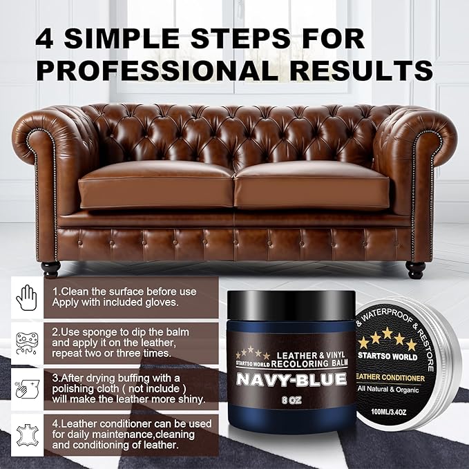 STARTSO WORLD 200Ml Leather Recoloring Balm with 100ML Leather Conditioner, Navy Blue Leather Repair Kit for Furniture, Leather Dye, Leather Scratch Repair, Leather Couch Paint