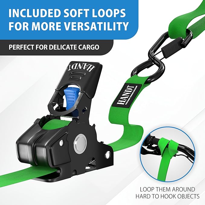 HandT USA Based Retractable Ratchet Straps (2PK) 1in x 6ft - 1,500lb Break Strength, Heavy Duty Automatic Ratchet Straps Self Retractable Tie Down, Push Button Retracting Truck Trailer Cargo | Green