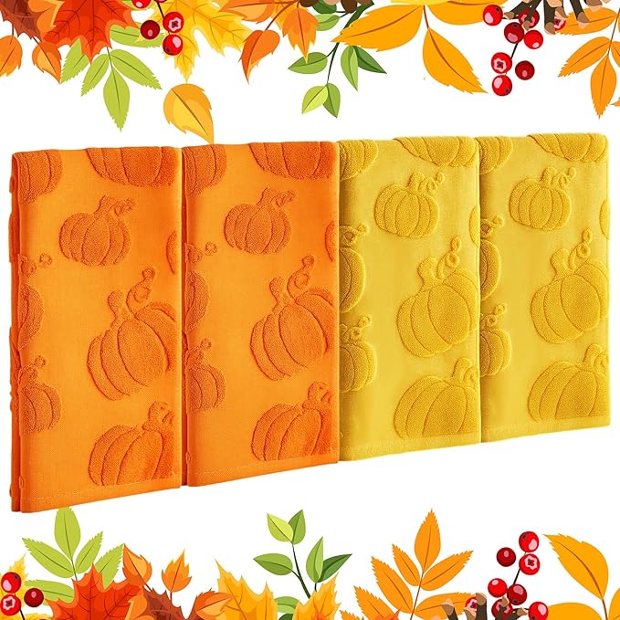 4 Pack 3D Fall Pumpkin Jacquard Hand Towels for Bathroom Jacquard Cotton Absorbent Fall Autumn Thanksgiving Orange Yellow Hand Towels for Holiday Decorative Bathroom Kitchen 14 X 30
