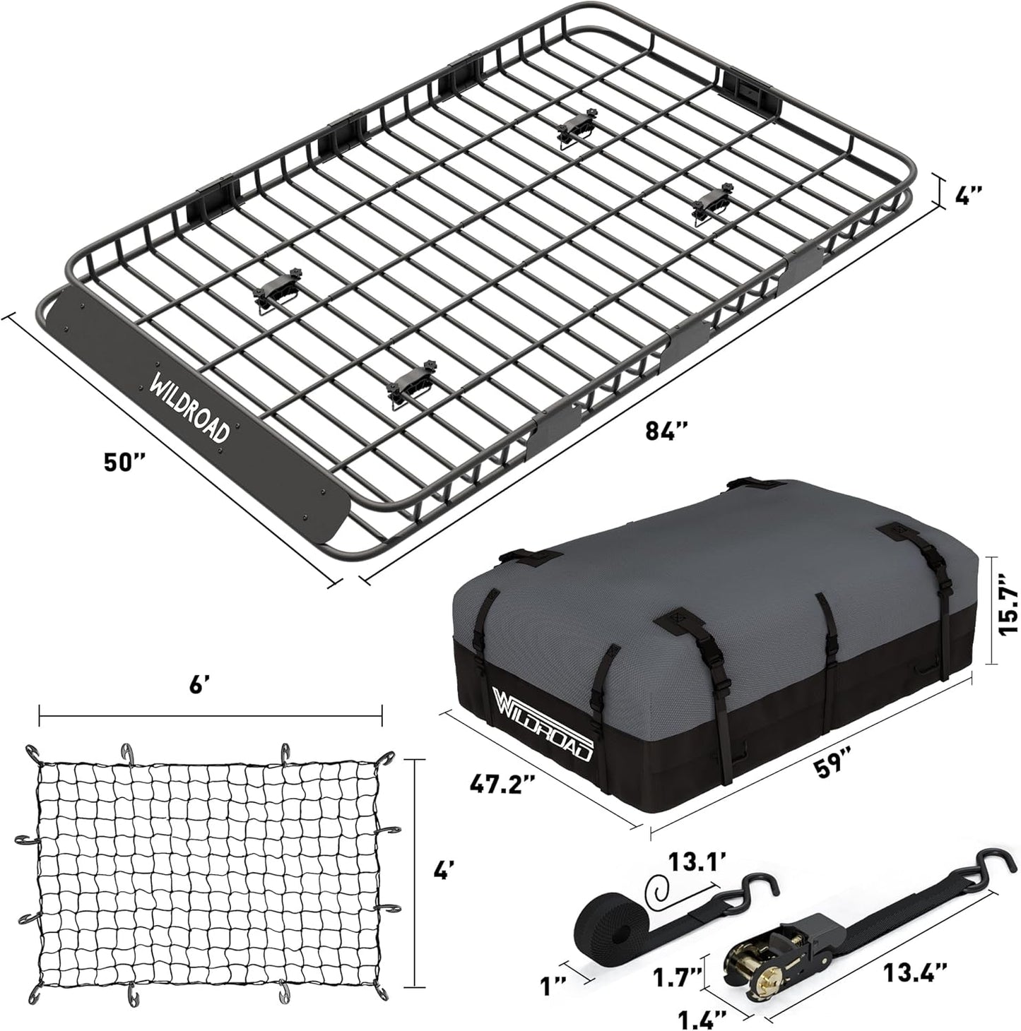 Wildroad Roof Rack Cargo Basket, Upgraded 4” Fence Wide Car Roof Basket Combo, 84"x 50"x 4" Universal Roof Cargo Carrier Basket with Cargo Bag, Cargo Net and Ratchet Straps Fits for SUV Truck Cars