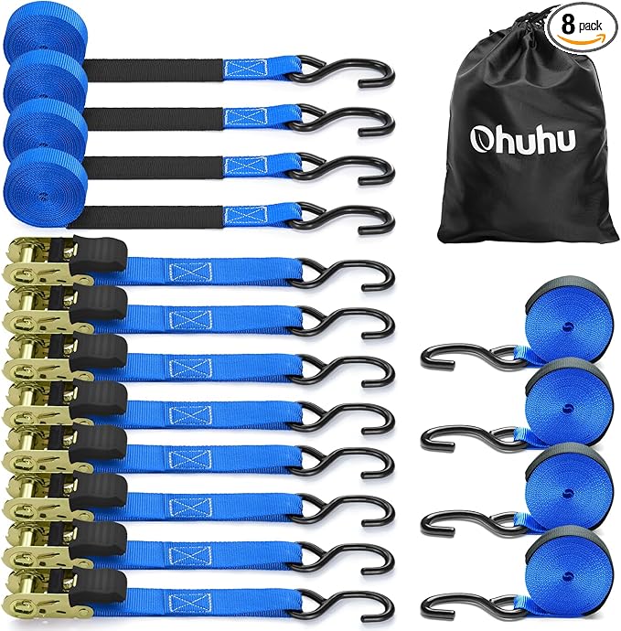Ratchet Tie Down Strap 8-Pack 15 Ft - 500 lbs Load Cap with 1500 lbs Breaking Limit, Ohuhu Ratchet Tie Downs Logistic Cargo Straps for Moving Appliances Motorcycle Blue