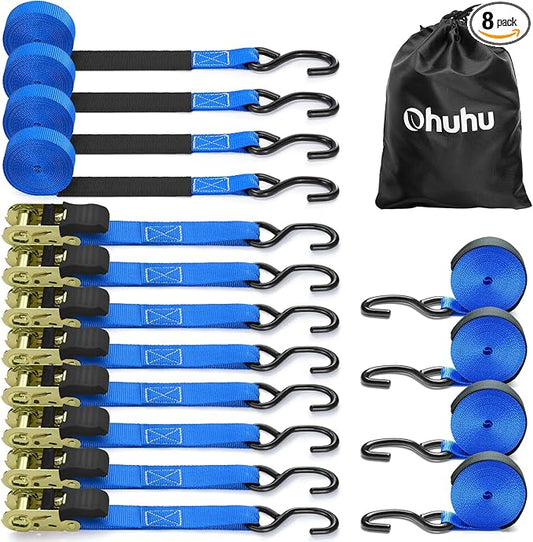 Ratchet Tie Down Strap 8-Pack 15 Ft - 500 lbs Load Cap with 1500 lbs Breaking Limit, Ohuhu Ratchet Tie Downs Logistic Cargo Straps for Moving Appliances Motorcycle Blue