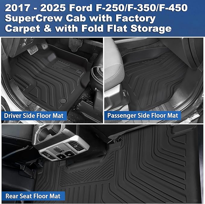 WEIZE Floor Mats for Ford F250/F350/F450 2017-2024 2025, All Weather Floor Liner Custom Fit for F250 F350 F450 Super Duty Crew Cab Rear Seat with Under Seat Fold Flat Storage 3 Pcs