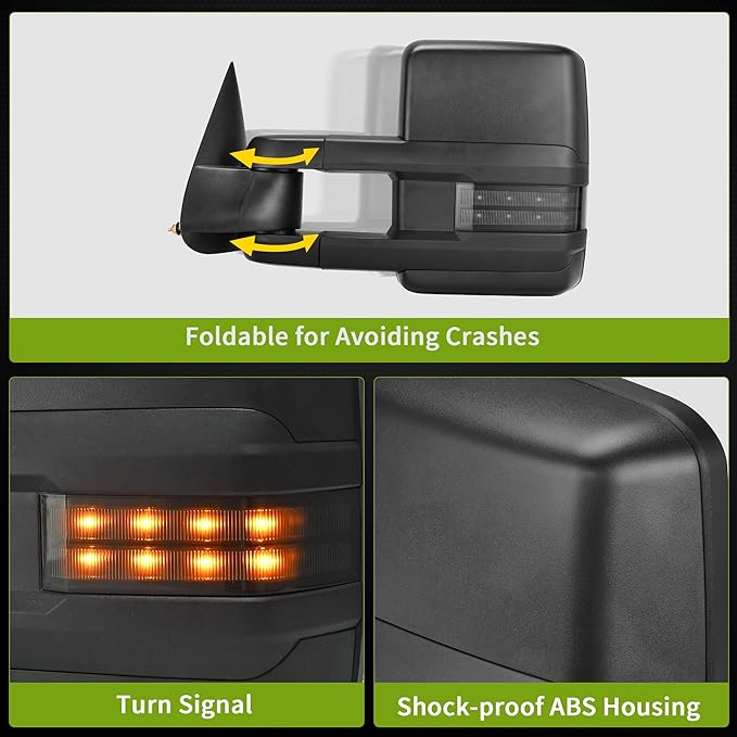 AUTOSAVER88 Towing Mirrors Compatible with 1999-2002 Chevy Silverado Sierra 1500 2500, 2001-2002 GMC Yukon XL Denali, LED Turn Signal Light Power Heated Telescoping Tow Mirrors Pair Set Black