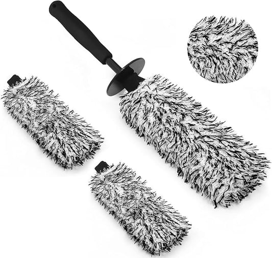 YeewayVeh 3PCS Wheel Cleaning Brush, Microfiber Flat Wheel Rim Cleaner Brush with 2 Extra Replaceable Cover, Car Cleaning Brush Kit for Wheels Tire Fenders Engine Exhaust Tips, Black&White