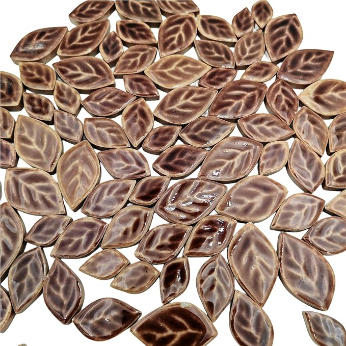 1.1LB Random 3 Size Leaves Ceramics Mosaic Tiles, Making Creative Ceramic Mosaic Pieces for DIY Craft,Flowerpots, Vases, Cups, Garden Decor Mosaic Making Supplies (Cracked Ice Coffee)