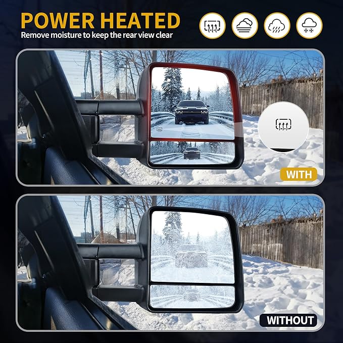 DWVO Towing Mirrors Fits 2007-2017 Toyota Tundra, Power Adjusted Heated Turn Signal Light Manual Telescoping and Folding Tow Mirror