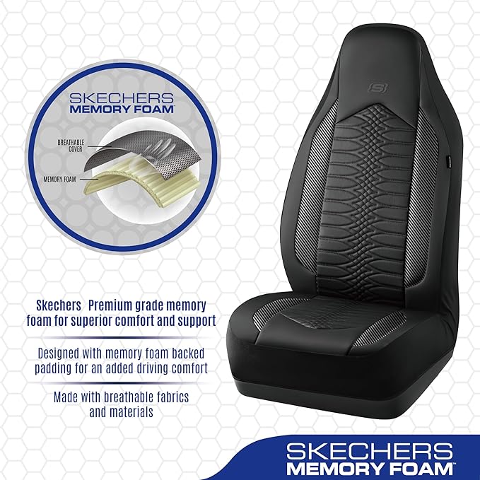 Skechers Memory Foam Car Seat Covers, Leather High Back Seat Covers Quilting Design,Waterproof Sports Car Seat Covers Full Sets,Airbag Compatible, Universal Fit for Most Cars, SUVs,Trucks,Black