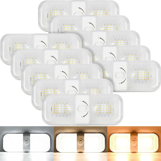 Retisee 10 Pcs RV Lights Interior 1700LM, 3 Color 12V RV LED Dome Lights Ceiling Double Lights Fixture with ON/Off for Camper/Car/Trailer/Boat, 2700-6700K