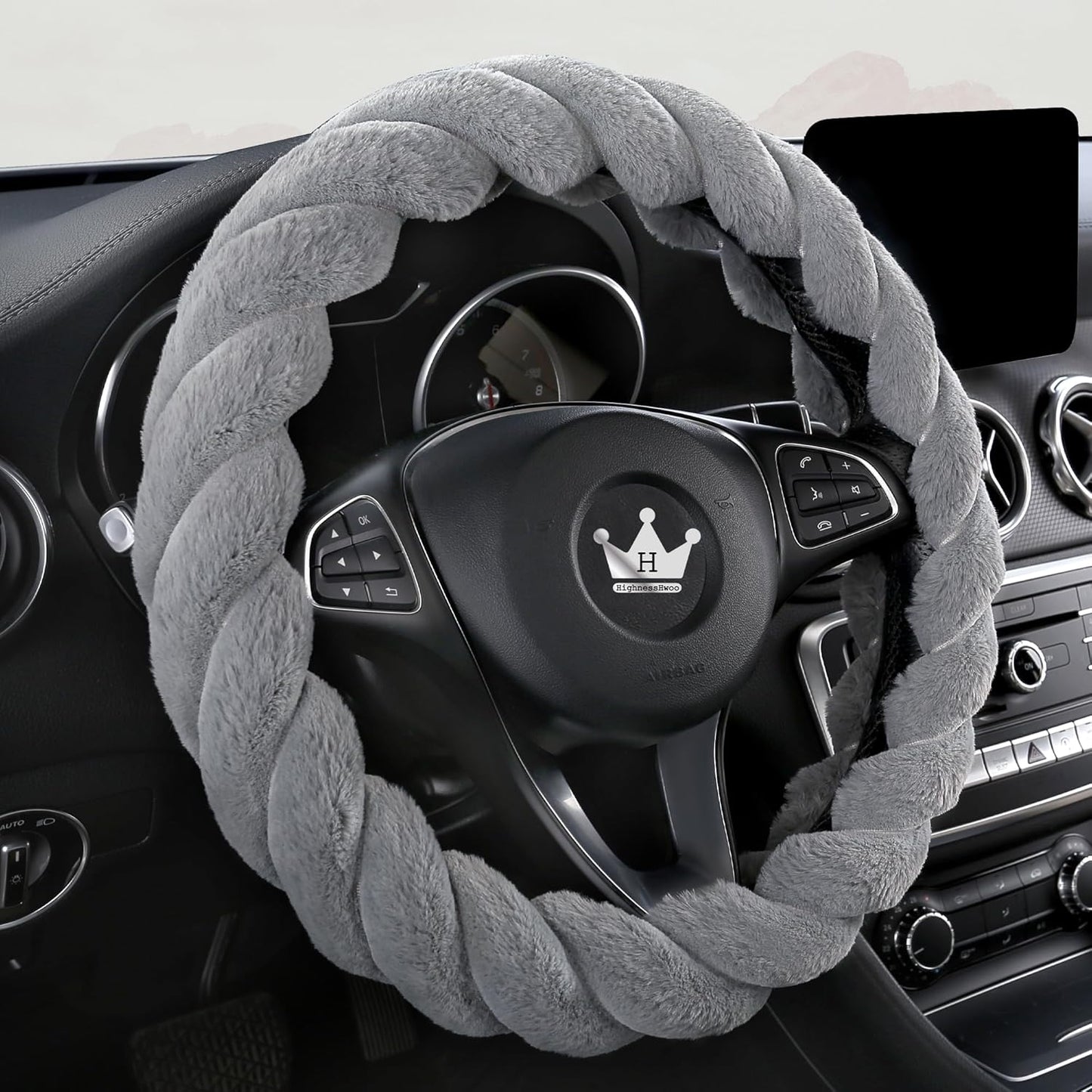 Luxury Fluffy Winter Car Steering Wheel Cover for Women Soft Warm Plush Cute Auto Accessories for Vehicle, Sedan, Universal, Fuzzy, Anti Slip, Gray, Standard Size, 14.75-15.15"
