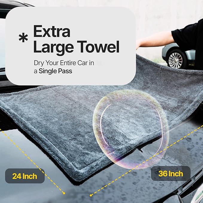 Crystal Clean 1300GSM Microfiber Towels for Cars – XL Drying Towel 2-Pack (24x36 & 12x12) with Double Twisted Loop, Professional Detailing Towel Car Detailers - Quick Dry, Paint Safe & Swirl-Free