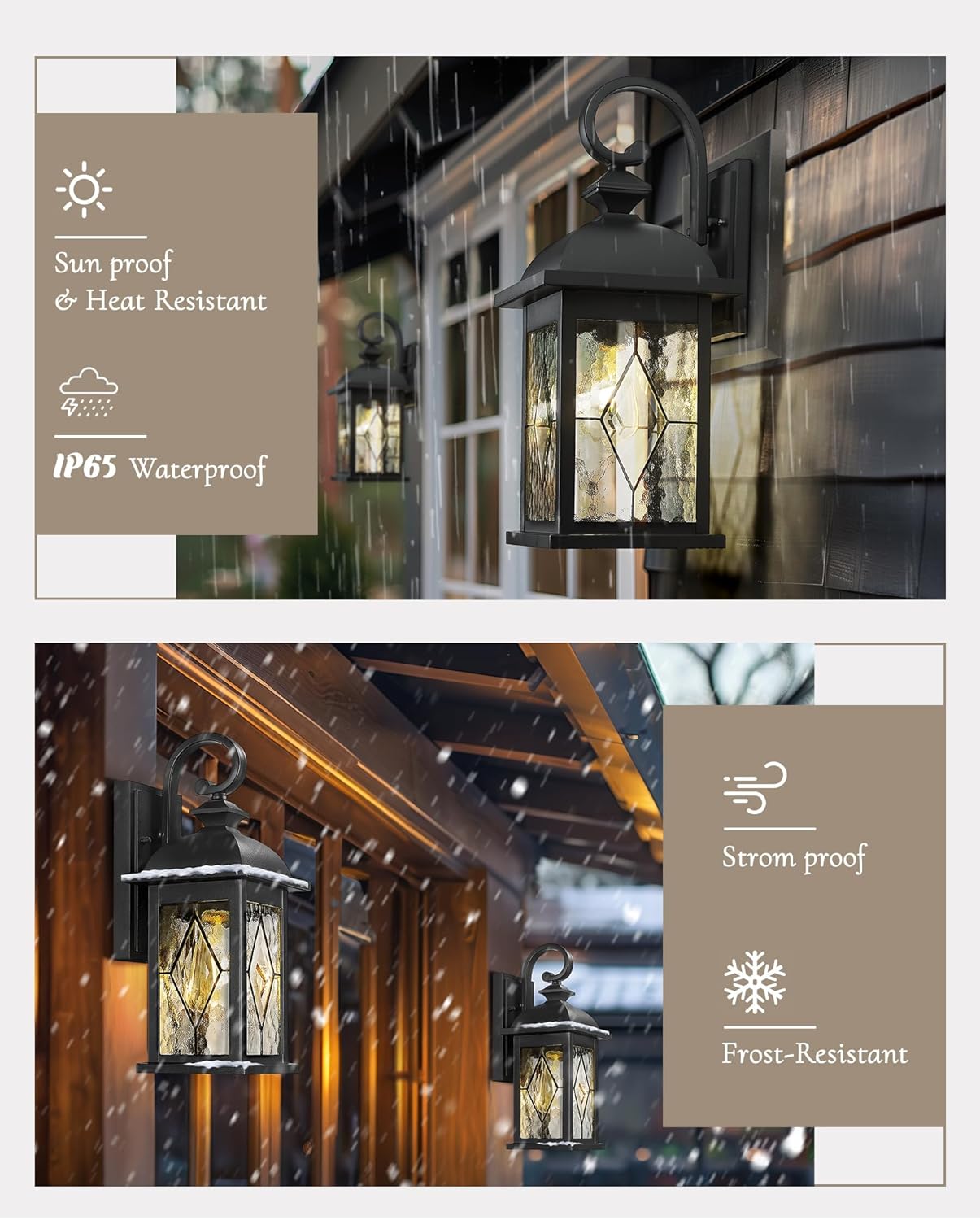 FEMILA 15" Exterior Wall Sconce, 2-Pack Outdoor Waterproof Wall Lights Fixture, Anti-Rust Matte Black Finish with Water Ripple Glass,4FD54B-2PK BK-SD