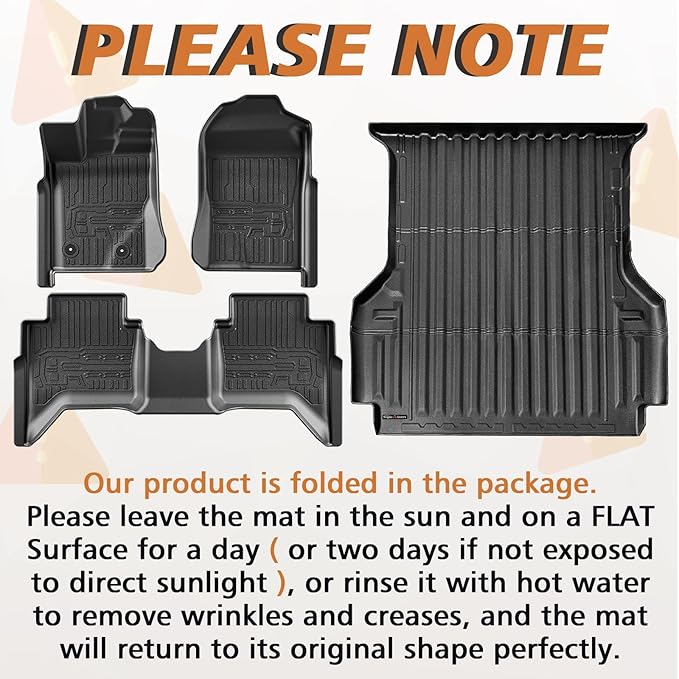 TripleAliners Truck Bed Mat & Floor Mats Front Rear Full Set Compatible with Ford Ranger 2024-2025 SuperCrew Accessories All Weather TPE Truck Liner Custom Fit (5FT Truck Bed Mat+Floor Mats)