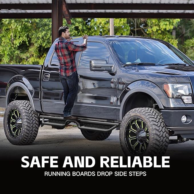 Crew Cab Running Boards Side Steps Compatible with 2009-2014 Ford F150 F-150 SuperCrew Cab Super Duty, Two Stairs Design Side Rail Nerf Bar Rock Sliders (4 Full Size Doors, Star Logo)