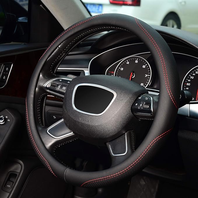 KAFEEK Microfiber Leather Steering Wheel Cover, Universal 15 inch, Red Lines
