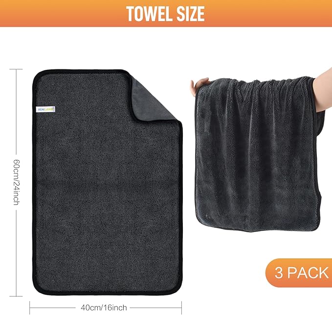 SINLAND 3-Pack Microfiber Ultra Absorbent Drying Towel for Cars and Trucks, 600gsm, Streak-Free, Without Scratches or Water Spots, Car Drying Cleaning Auto Detailing Towels 16" x 24" Dgrey