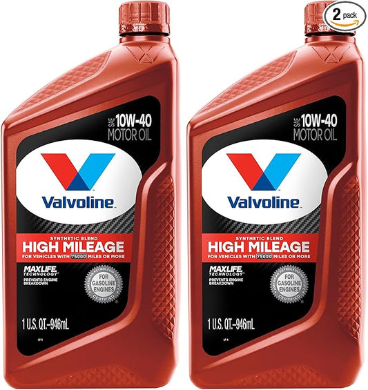 Valvoline High Mileage with MaxLife Technology SAE 10W-40 Synthetic Blend Motor Oil 1 QT (Pack of 2)