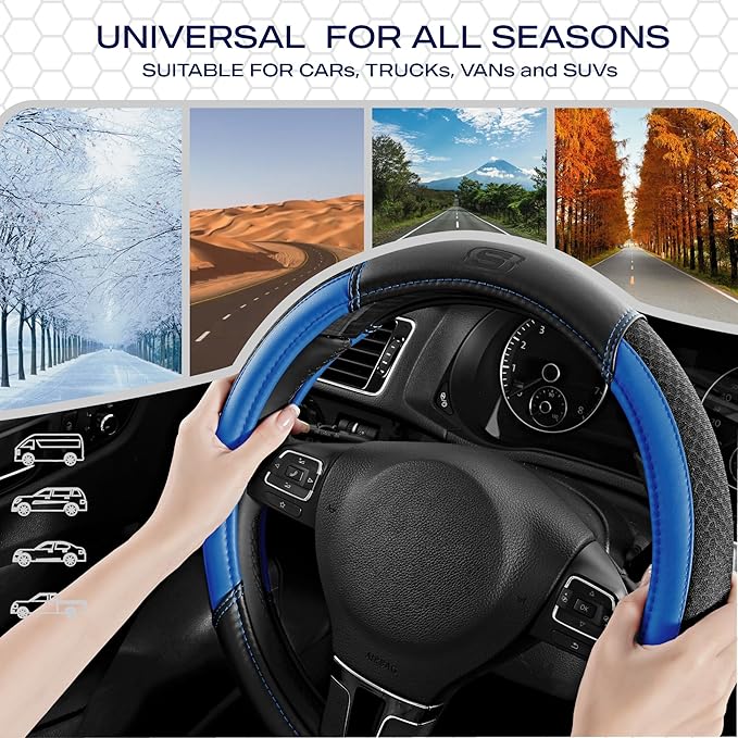 Skechers Air-Cooled Steering Wheel Cover,Air Cool Mesh Leather Car Steering Wheel Cover Universal Fit 14" 1/2-15" Car Wheel Protector for Men Women Fit Suvs,Vans,Sedans,Car,Trucks,Blue