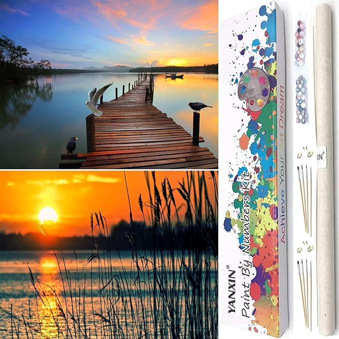 YANXIN Paint by Numbers Kit for Adults Beginners 2 Pack Paint by Numbers for Adults Rolled up Canvas for Home Decoration Creative Wall Art with Colorful Gift Box 12x16 inch Lake Sunset 171-172