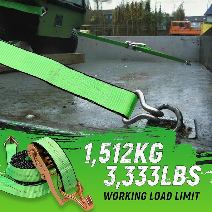 2"x20' Ratchet Straps with J Hooks - 10,000lb Break Strength/ 3,333lb Load Capacity Ratchet Tie Down Strap - Ratchet Straps Heavy Duty - Cargo Straps for Truck, Lawn Equipment, Car Roof, 4 Pack(Green)