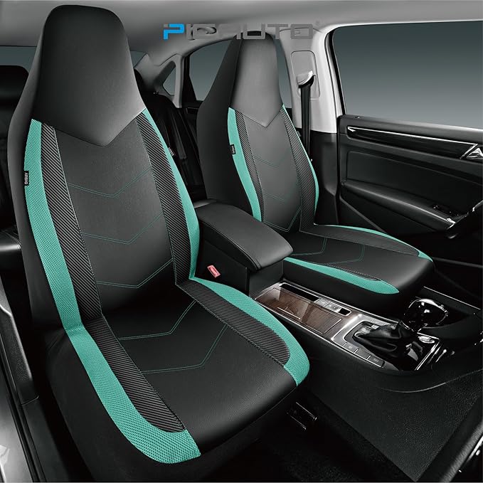 PIC AUTO Leather Car Seat Covers, Sports Carbon Fiber & Mesh Design, High-Back Two Front Set, Waterproof Automotive Seat Covers, Airbag Compatible, Universal Fit for Most Cars (Black & Mint)