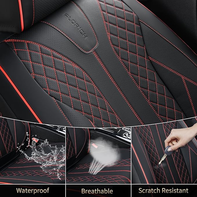 FLORICH Leather Car Seat Covers, Automotive Seat Cover 2 Pack Waterproof Seat Covers for Cars Driver Seat Cover Protectors Universal Fit for Most Cars SUV Trucks Vehicles, Black&Red Line