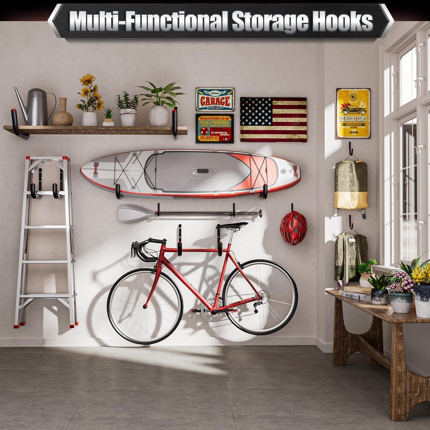 Nacial 10 Pack Garage Hooks Heavy Duty, 15" & 3.5" Kayak Storage Hook with EVA Pads, 100LBS Capacity Garage Hooks for Hanging Bikes, Kayak Folding Chairs and Hanging Ladders, Father's Day Gifts