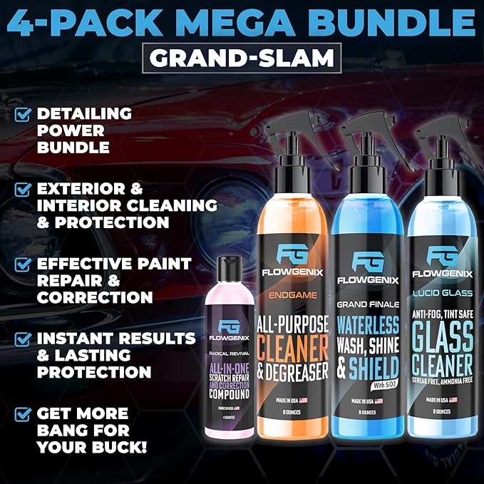 Grand Slam 4-Pack Includes Waterless Car Wash Spray + Instant Car Scratch Remover Repair + Streak Free Window and Glass Cleaner + All Purpose Cleaner for Auto Detailing, 2 Microfiber Towels