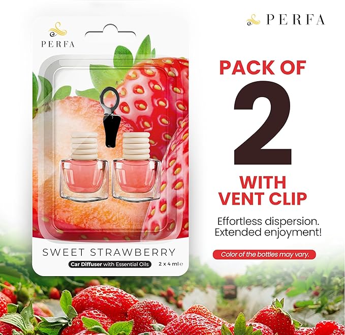 Car Air Fresheners for Women - Sweet Strawberry Fragrance | Pack of 2 Long Lasting Car Air Freshener | Odor Eliminator with Essential Oils | Car Air Freshener Vent Clip by Perfa