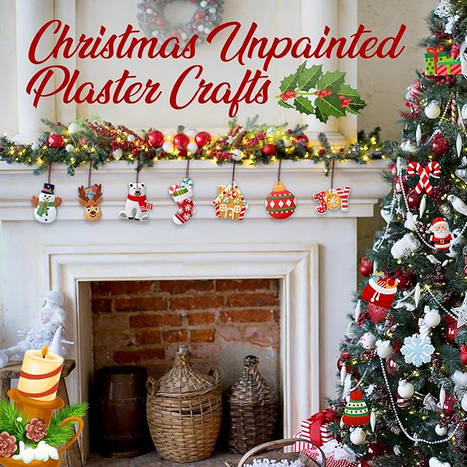 Seenelling 24 Sets Christmas DIY Painting Kits Paint Your Own Ceramics DIY Unpainted Plaster Statues Ready to Paint Ceramics Arts and Crafts with Brush for Christmas Gifts Party Decor(Fashion)
