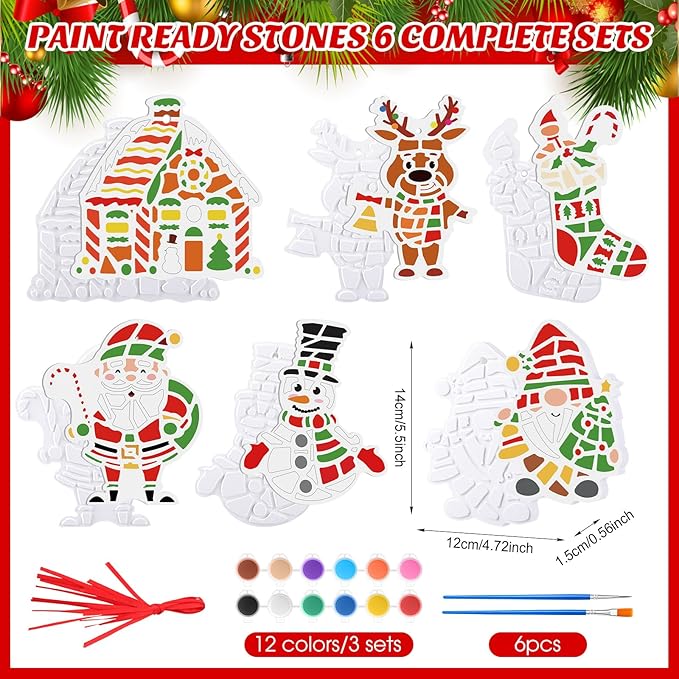 Gersoniel 6 Pack Christmas Paint Your Own Ceramic Ornament Kit Mosaic Stepping Stone Crafts Set Xmas Garden Stones Decor Pottery with Paints Brushes for Holiday Painting Party DIY Art Supplies