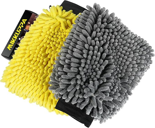 MIKKUPPA Car Wash Mitt Microfiber - Double-Sided Chenille Scratch Free Mitt with Waterproof Inner for Car Washing Home Cleaning (Yellow & Gray, 2Pack, 10'' x 7'')