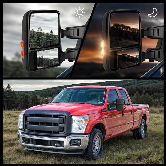 DWVO Towing Mirrors Fits 2008-2016 Ford F250 F350 F450 F550 Super Duty, Left Driver Side Mirror with Power Heated, Telescoping, Turn Signal Lights, Black