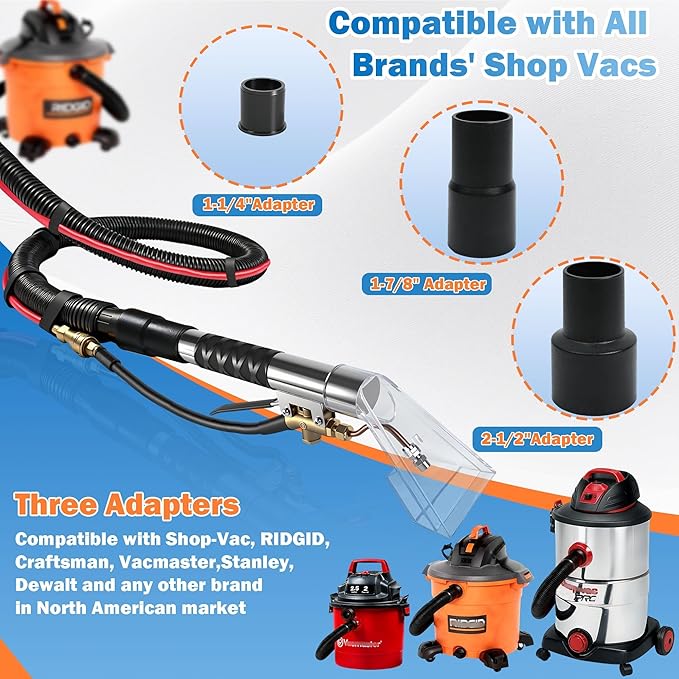 Happy Tree Universal Fit All Brands' Shop Vac Extractor Hose Kit Adapter Wet-dry Extraction Accessory for Upholstery & Carpet Cleaning Auto Detailing Wet Vaccum Accessories with 25 Feet Water Hose