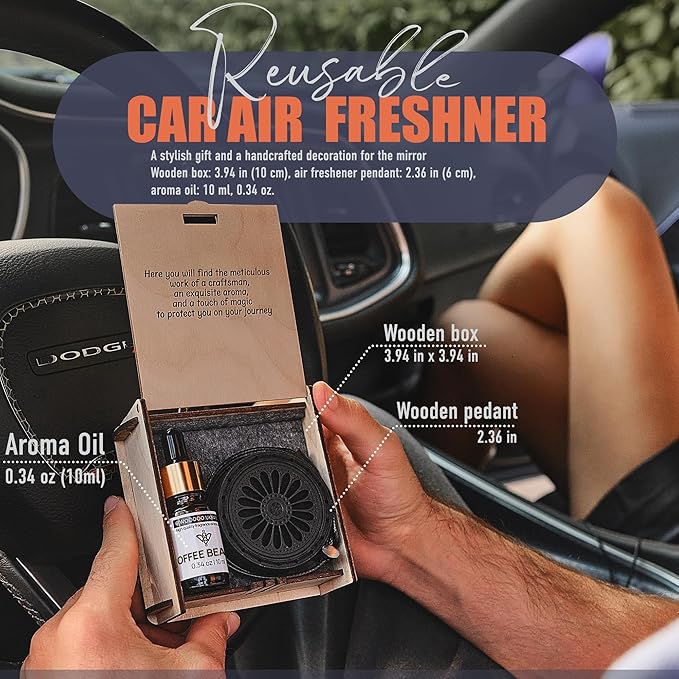Wood Car Air Freshener — Handmade Air Freshener — Best Wheels Aromatherapy Fragrance Oil Diffuser in Wooden Gift Box — Ready To Gift Set with Coffee Beans Fragrance Oil - 10 ml